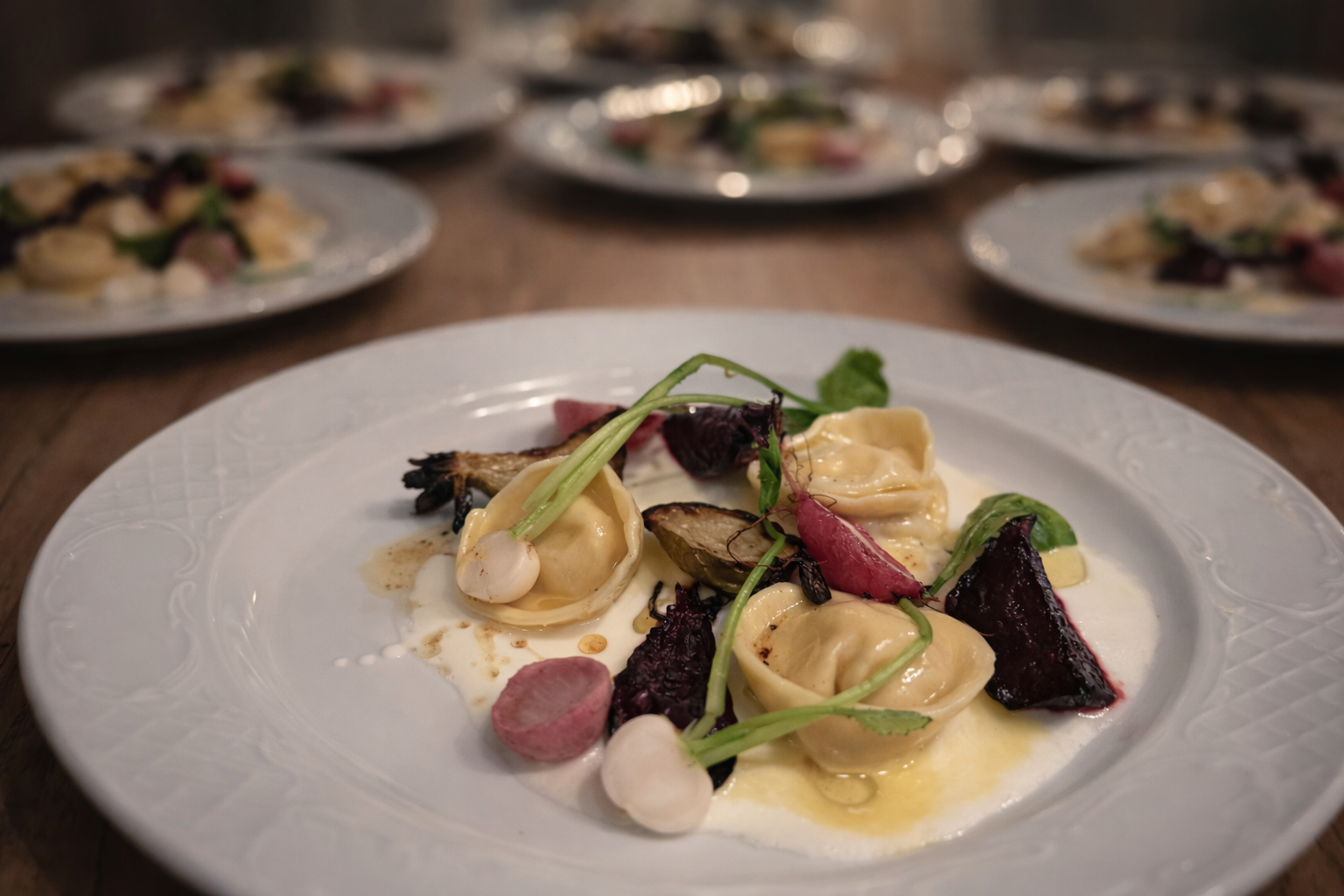 Tortellini, beets, microgreens